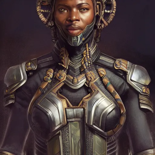 Prompt: a wakandan warrior in dieselpunk style armor, deviantart, ultra realistic, concept art, intricate details, eerie, horror, highly detailed, photorealistic, octane render, 8 k, unreal engine. art by artgerm and greg rutkowski and alphonse mucha