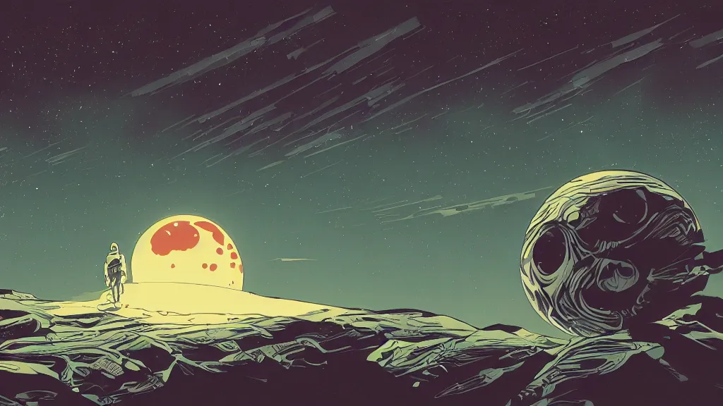 Prompt: very detailed, prophet graphic novel, ilya kuvshinov, mcbess, rutkowski, simon roy, illustration of a dead planet as seen from space, wide shot, colorful, deep shadows,