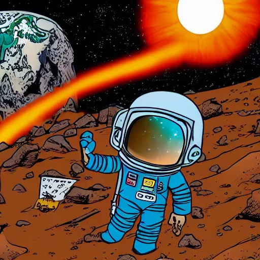 Image similar to space man discovering Apocalyptic earth