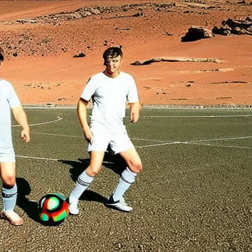 Prompt: photograph of Elon Musk and Bill Gates playing soccer on Mars