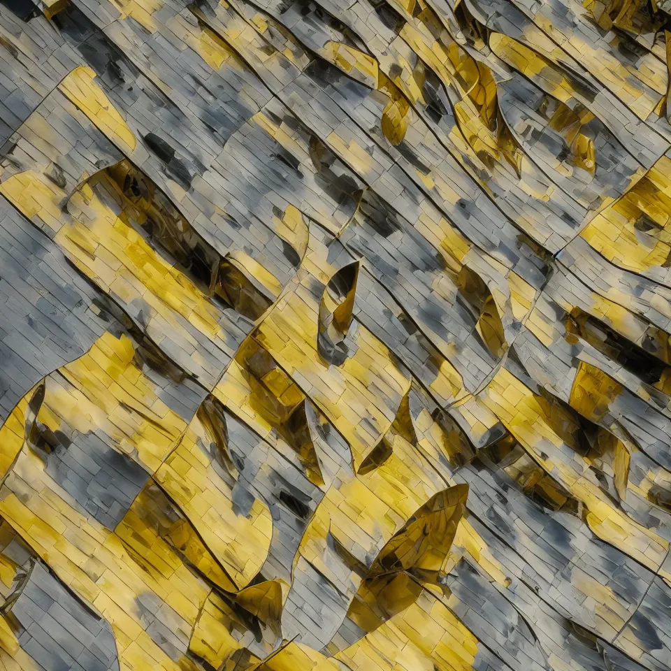 Prompt: a small house, designed by Frank Gehry. Big Tiles. Film grain, cinematic, yellow hue