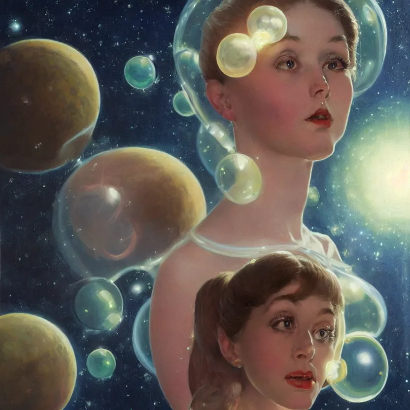 Prompt: portrait painting of a beautiful alien woman with big eyes in space, by norman rockwell. close - up view. floating glowing bubbles. muted colors, soft gradients. dark background. trending on artstation. retrofuturism.