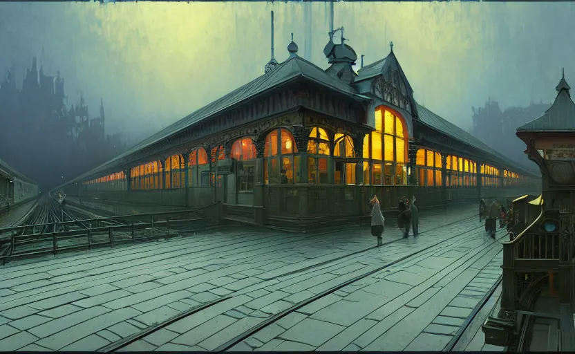 Image similar to painting of a wide angle exterior shot of a victorian utopian train station with cinematic lighting by peter zumthor and renzo piano, darek zabrocki and greg ruthkowski, alphonse mucha, simon stalenhag and cinematic and blue cold atmospheric, holy place, atmospheric, archillect concept art, artstation, trending on artstation