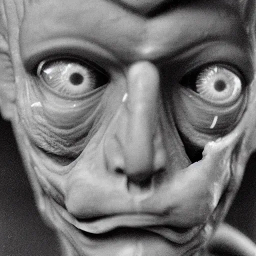 Image similar to real life sentient and composed irradiated person with acute radiation sickness flaking, melting, rotting skin 1950s nuclear wasteland black and white award winning photo highly detailed, highly in focus, highly life-like, facial closeup taken on Arriflex 35 II, by stanley kubrick