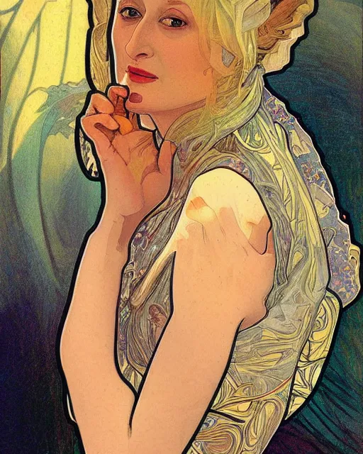 Image similar to a portrait painting of ( ( ( meryl streep ) ) ) in the style of alphonse mucha!!!