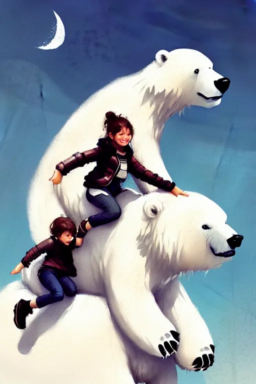 Image similar to tiny girl riding on the back of a giant fluffy polar bear by greg rutkowski