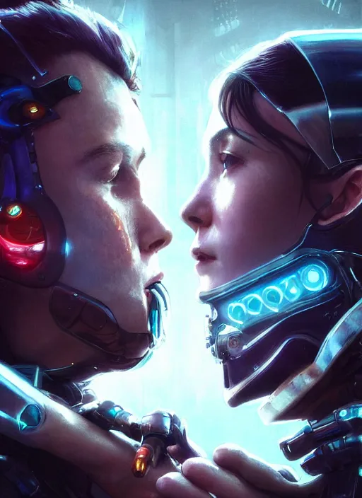 Image similar to cyberpunk, sci - fi, fantasy, ultra realistic close - up of a couple of cyborgs kissing, lovers, faces, led, unreal engine, octane render, soft light, night, highly detailed, digital painting, concept art, sharp focus, illustration, art by artgerm and greg rutkowski and alphonse mucha