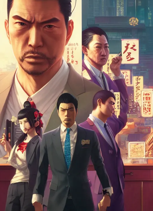 Image similar to highly detailed portrait of yakuza 0, stephen bliss, unreal engine, greg rutkowski, loish, rhads, beeple, makoto shinkai and lois van baarle, ilya kuvshinov, rossdraws, tom bagshaw, tom whalen, alphonse mucha, global illumination, god rays, detailed and intricate environment