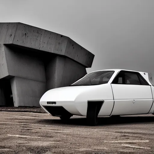 Image similar to car designed by brutalist architects, photo, mirrorless camera, 55mm lens, 8k