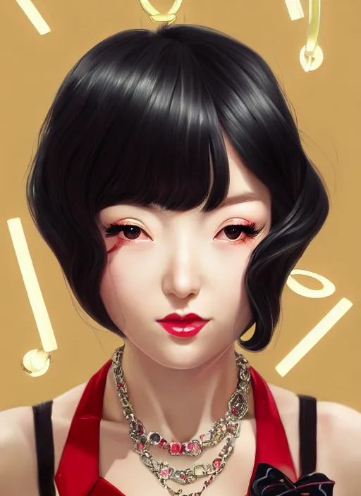 Image similar to a pin up and beautiful fashion dreamlke japan girl with lv jewelry, character art, art by artgerm, wlop, loish, hyperdetailed, 8 k realistic, symmetrical, global illumination, radiant light, frostbite 3 engine, cryengine, dof, trending on artstation, digital art, chanel, dior, detailed background