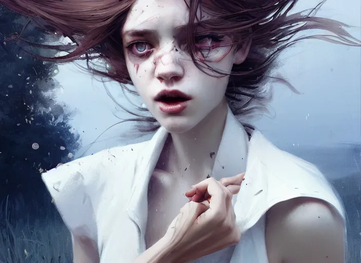 Image similar to white dress girl chasing from grim reaper, messy hair, messy lines, scared face, beautiful and aesthetic and attractive and detailed face, dramatic situation, specular reflection, occlusion shadow, intricate, bokeh, by ilya kuvshinov and jeremy lipking and quentin mabille