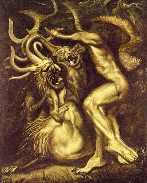 Image similar to a creature with the body and eyes of a man, with the beak of an eagle, the mane of a lion, and the horns of an ox. drawn by francis bacon