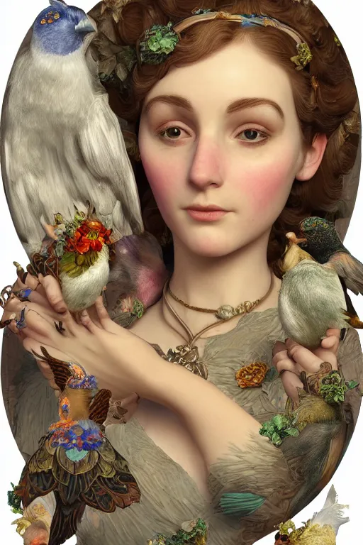 Image similar to face closeup, 3 d render of english princess holding birds, ornaments, mucha vibe, dieselpunk, solarpunk, artstation