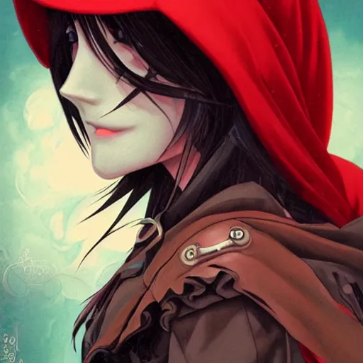 Image similar to anime manga skull portrait young woman skeleton, profile, red riding hood, unreal engine, Disney, intricate, elegant, highly detailed, digital art, art by JC Leyendecker and sachin teng