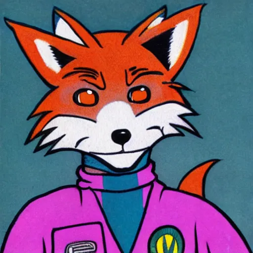 Prompt: 1 9 8 0 s video game art of anthropomorphic fox mccloud from starfox fursona furry fox in a space cadet uniform, looking heroic high quality colored pencil