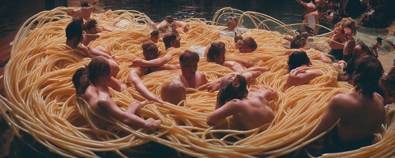 Image similar to a group of people swimming inside a giant bowl of spaghetti, suffocating, canon 5 0 mm, cinematic lighting, photography, retro, film, kodachrome