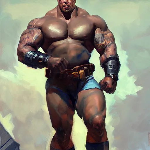 Image similar to greg manchess portrait painting of fully armored the foundation aka dwayne the rock johnson as overwatch character, medium shot, asymmetrical, profile picture, organic painting, sunny day, matte painting, bold shapes, hard edges, street art, trending on artstation, by huang guangjian, gil elvgren, ruan jia, greg rutkowski, gaston bussiere