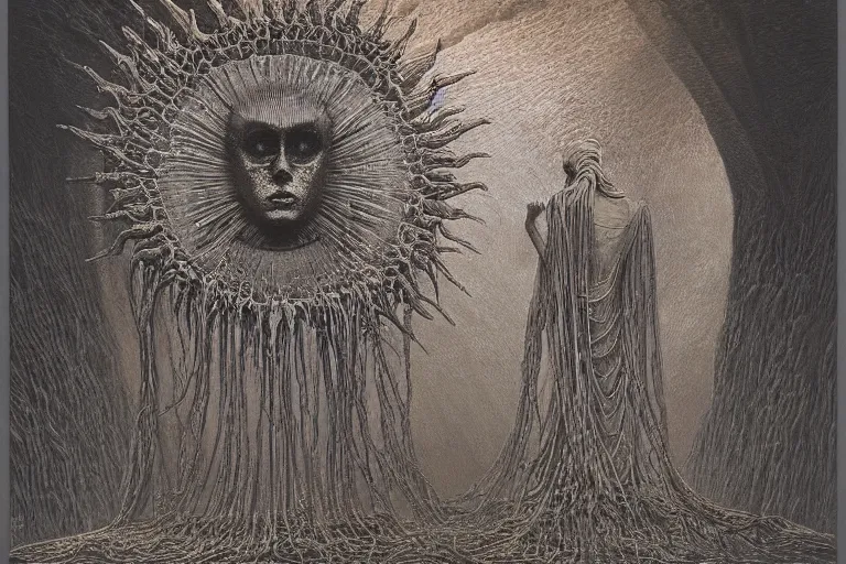 Prompt: The queen of the sun by Zdzislaw Beksinski, Jeffrey Smith and H.R. Giger, oil on canvas, 8k highly professionally detailed, trending on artstation