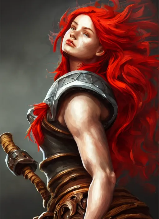 Prompt: a highly detailed illustration of fierce red haired blacksmith woman wearing blacksmith apron and armor, hyperdetailed perfect face, dramatic working pose, intricate, elegant, highly detailed, centered, digital painting, artstation, concept art, smooth, sharp focus, league of legends concept art, wlop.