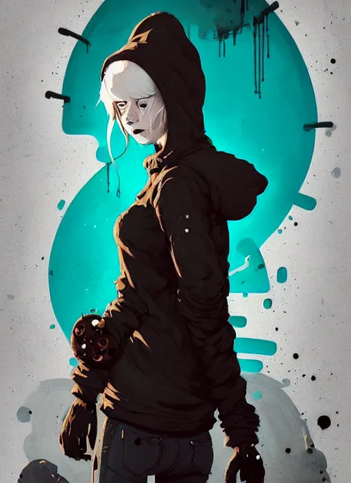 Image similar to highly detailed portrait of a sewer punk swedish lady, hoodie, white hair by atey ghailan, by greg rutkowski, by greg tocchini, by james gilleard, by joe fenton, by kaethe butcher, gradient blue, black, brown and cyan color scheme, grunge aesthetic!!! ( ( graffiti tag wall background ) )