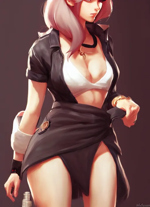 Image similar to female mafia boss, wide angle view, highly detailed, artgerm, cushart krenz, king of fighters style, trending on artstation, soft light, sharp focus, illustration, character design, concept art