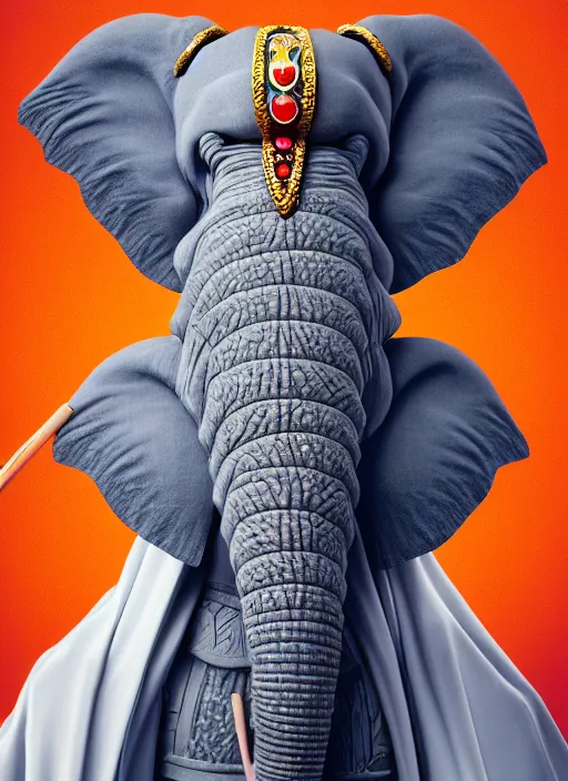 Image similar to an anthropomorphic beautiful goddess female wizard made of elephant portrait holding a staff wearing colourful robe, fine art, award winning, intricate, elegant, sharp focus, octane render, hyperrealistic, cinematic lighting, highly detailed, digital painting, 8 k concept art, art by jamie hewlett and z. w. gu, masterpiece, trending on artstation, 8 k