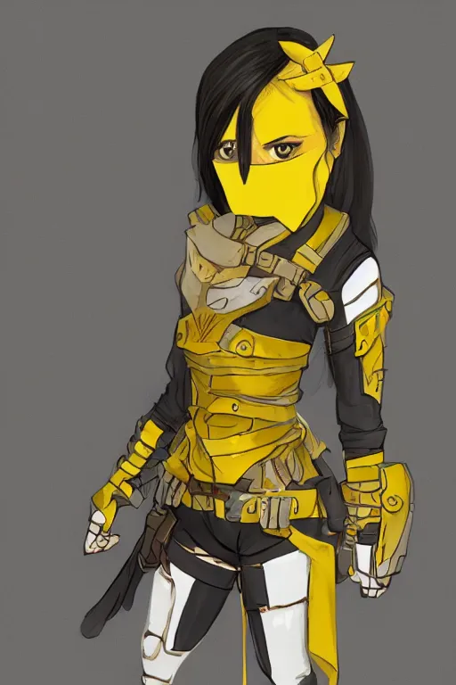 Image similar to female adventurer in tight full - body soft yellow sticky note armor and a white porcelain crow mask, trending in artstation, japanese, artstation, establishing shot