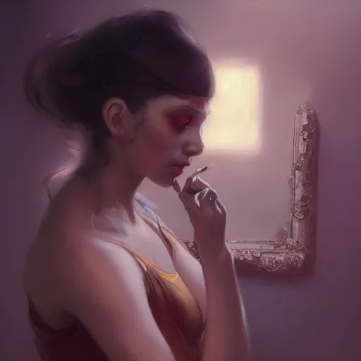 Image similar to Portrait of a melancholic woman, putting on her makeup in an unorthodox manner, illustrated by Greg Rutkowski and Gaston Bussiere, trending on artstation, 4k, 8k