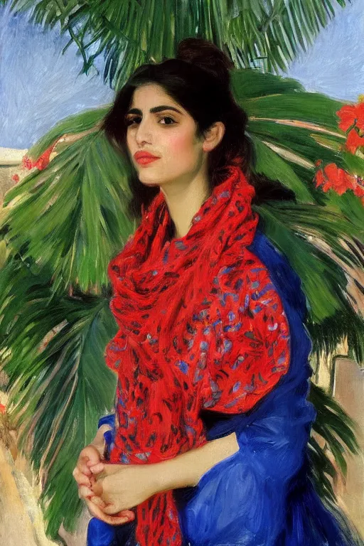 Prompt: portrait of persian girl with arabesque red and blue detailed scarf near bougainvillea and mexican fan palms, painting by john singer sargent