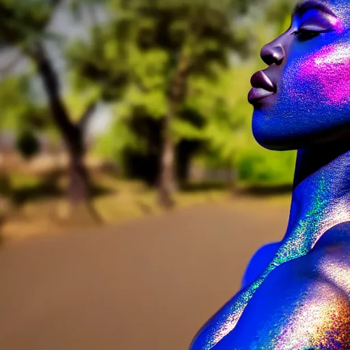 Prompt: portrait of iridescent metalic face, african woman, reflections, proud looking, outdoor, blue sky, 8 k, realistic, depth of field, highly detailed, art photography