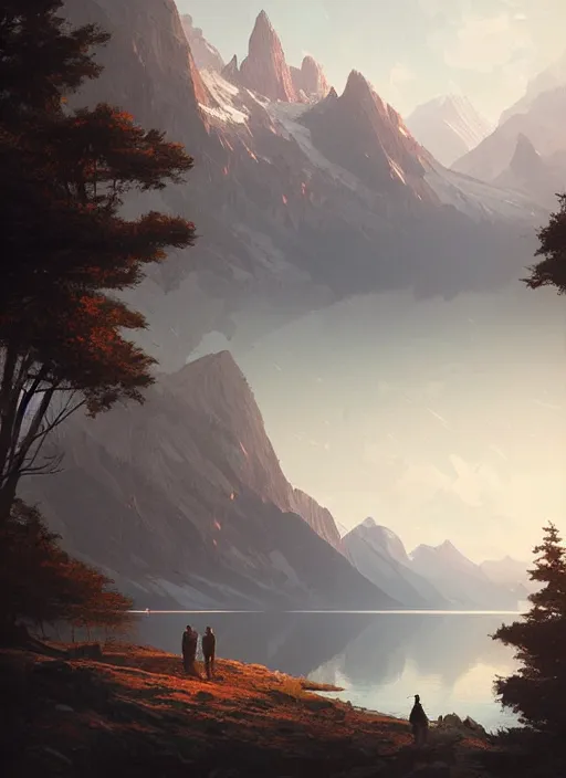 Image similar to epic mountain view surrounded by lake highly detailed, digital painting, concept art, smooth, sharp focus, illustration, art by greg rutkowski