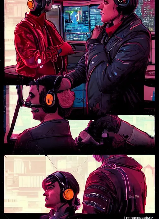 Image similar to scheming Anders. handsome cyberpunk nightclub owner wearing a cyberpunk headset and red jacket. handsome face. Realistic Proportions. Concept art by James Gurney and Laurie Greasley. Moody Industrial skyline. ArtstationHQ. Creative character design for cyberpunk 2077.