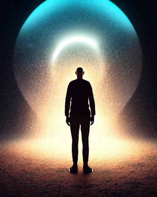 Image similar to a person standing in front of a glowy open door that's on a barren moon, poster art by mike winkelmann, trending on cg society, space art, sci - fi, ue 5, futuristic, volumetric lighting, light casting onto the ground, neat composition and camera angle