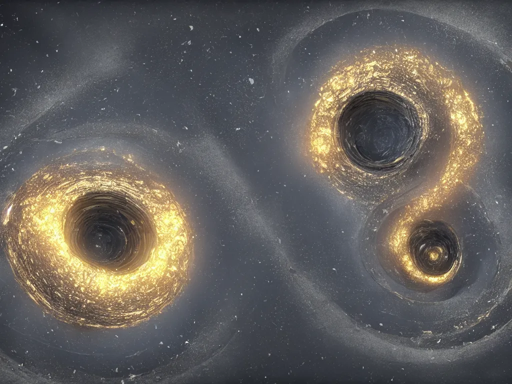Prompt: fluid gold swirling into a black whole, wide angle perspective, 8 k, unreal engine 5, 3 d animation, big depth of field