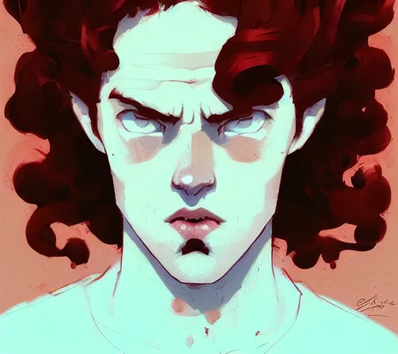 Image similar to portrait man with red curly hair and bright eyes, by atey ghailan, by greg rutkowski, by greg tocchini, by james gilleard, by joe fenton, by kaethe butcher, by ashley wood, dynamic lighting, gradient light blue, brown, blonde cream and white color scheme, grunge aesthetic