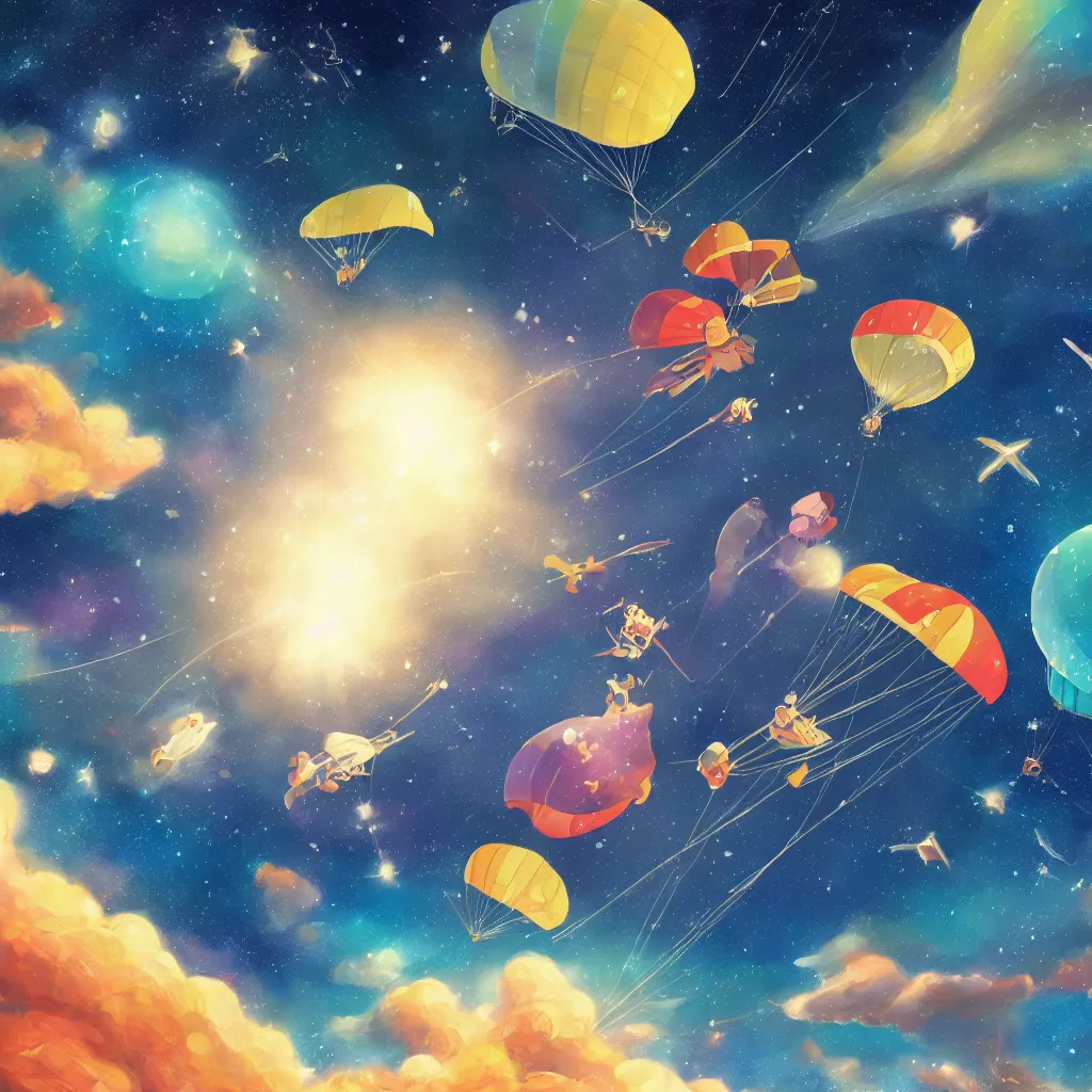 Prompt: parasailor in outer space with stars and galaxy behind, breathtaking, pixar and disney style, ghibli studio, masterpiece, high quality, highly detailed, high coherence, path traced, bloom, complementary colors, beautiful, elegant, hd, 4 k, desktop wallpaper, fantasy art