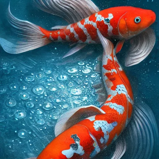 Image similar to A close up ultra detailed photo of magical Koi Fish trapped in a Koi Pond full of ice, intricate, highly detailed, fullbody, artstation, dark fantasy, horror, Hollywood, concept art, smooth, sharp focus, illustration, art by greg rutkowski and orientalism and bouguereau and Zdzislaw Beksinski, good clear quality, lighting, biology, symmetrical artwork, perfect face, 135 mm, cinematic, hyper realism, high detail, octane render, 8k, chrome accents