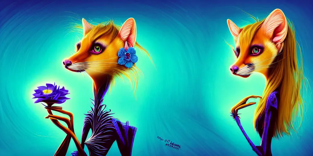 Image similar to curved perspective, extreme narrow, extreme fisheye, digital art of an hallucinogenic female embalmed marten animal wearing jewlery with blonde hairstyle with blue flower in hair by anton fadeev from nightmare before christmas