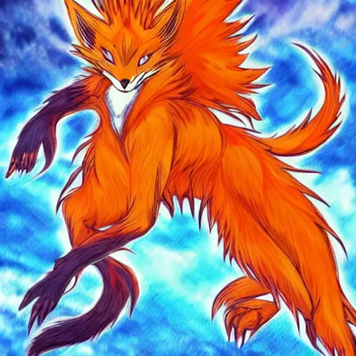 A realistic depiction of kurama, resembling a nine-tailed fox naruto on  Craiyon