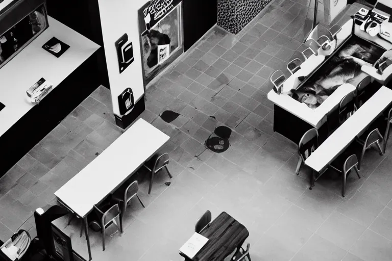 Prompt: overhead view, surveillance, black and white, grainy image, an empty fast food restaurant lobby with a lion that is roaring