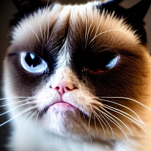 Image similar to a grumpy cat, professional photography, anamorphic lens, bokeh, close up