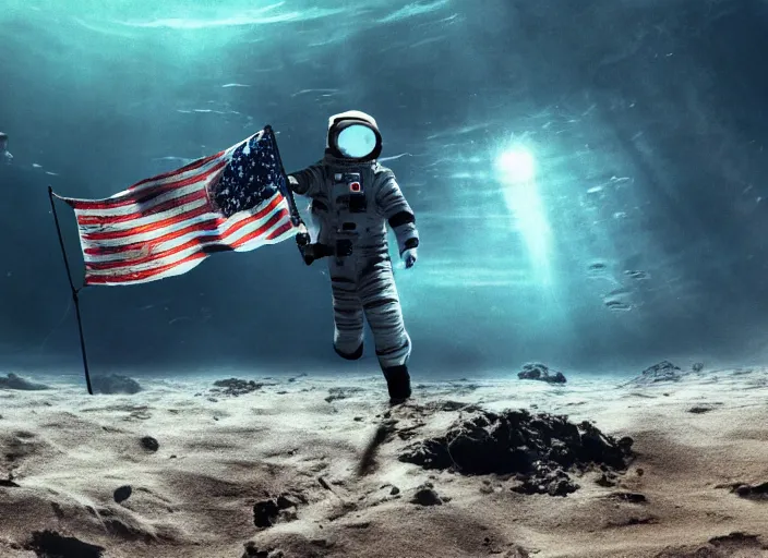 Image similar to astronaut underwater holding a flag in the sand of the bottom of the ocean. there is a submarine in the distance. dark, concept art, cinematic, dramatic, atmospheric, 8 k, trending on artstation, low visibility, fog, zack snyder