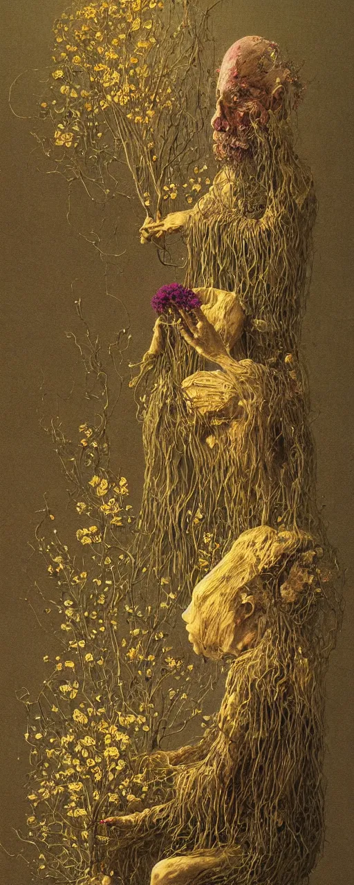 Prompt: a golemn tending to a intricate dried flower, zdzislaw beksinski, arthur rachham, 8 k, artstation