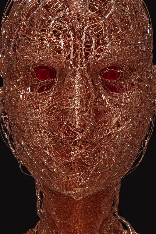 Image similar to Cinestill of A heartbreaking realistic 8k Bernini Sculpture of a complex robotic human face, liquid simulation background, dramatic lighting, silver gold red details, hexagonal mesh wire, filigree intricate details, cinematic, fleshy musculature, elegant, octane render, 8k post-processing, by Yoshitaka Amano, Daytoner, Greg Tocchini
