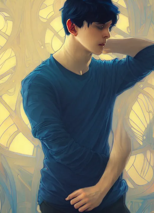 Prompt: handsome young man with short black hair, male, dressed in blue, looking down, half body shot, arms down, path traced, highly detailed, high quality, digital painting, posuka demizu, alphonse mucha, alena aenami