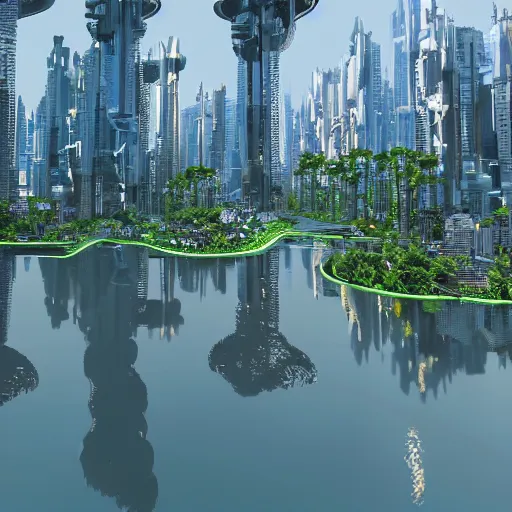 Image similar to futuristic city ultra-realistic utopia lake photorealism reflection jungle drones android,8k