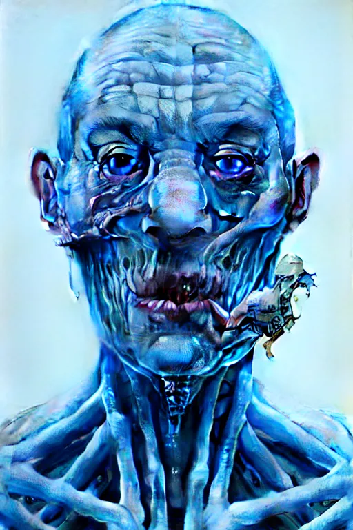 Image similar to hyperrealistic close-up pastel rococo exoskeleton! chinese man highly detailed concept art eric zener elson peter cinematic hard blue lighting high angle hd 8k sharp shallow depth of field, inspired by David Paul Cronenberg and Zdzisław Beksiński