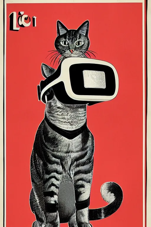 Image similar to 1934 communist screen print poster of a cat in a VR helmet