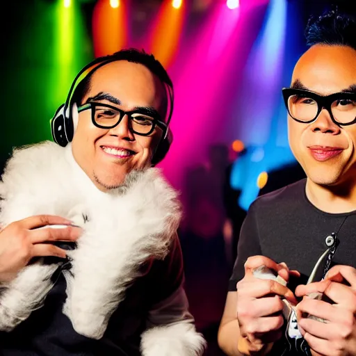 Prompt: a white cockapoo and gok wan wearing headphones in a nightclub