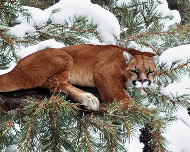 Image similar to postcard showing 'a cougar sleeping in the middle of snowy pine tree' laying on coffee table with stamp and damaged due to age, zoomed out shot, HD, iphone capture